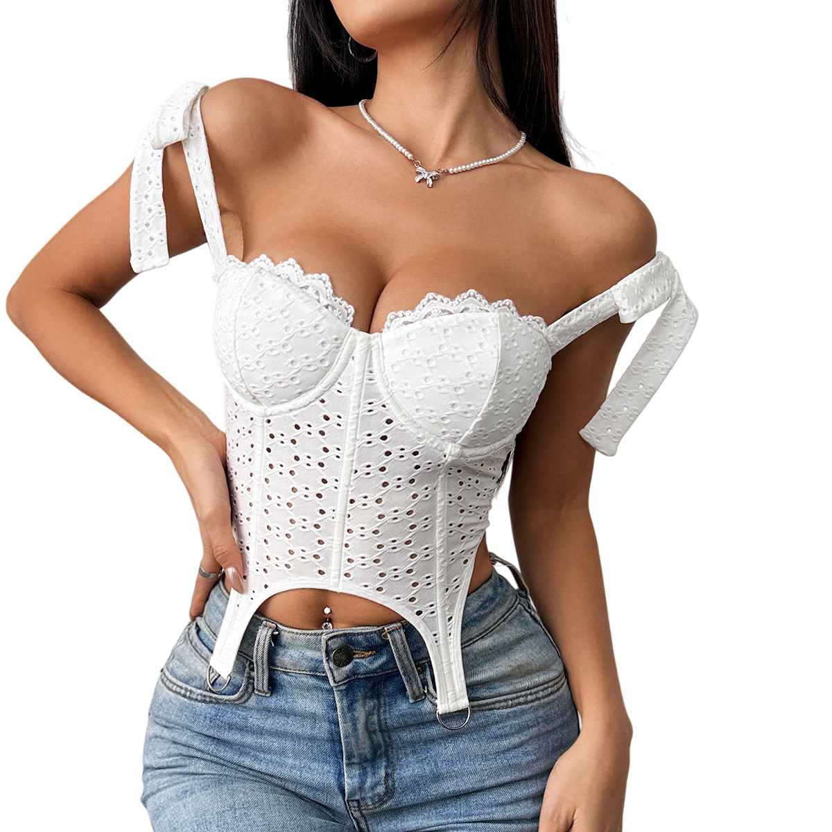 Women Eyelet Lace Bustier Corset Top Sexy Tie Strap Hollow Out Fishbone Bustier